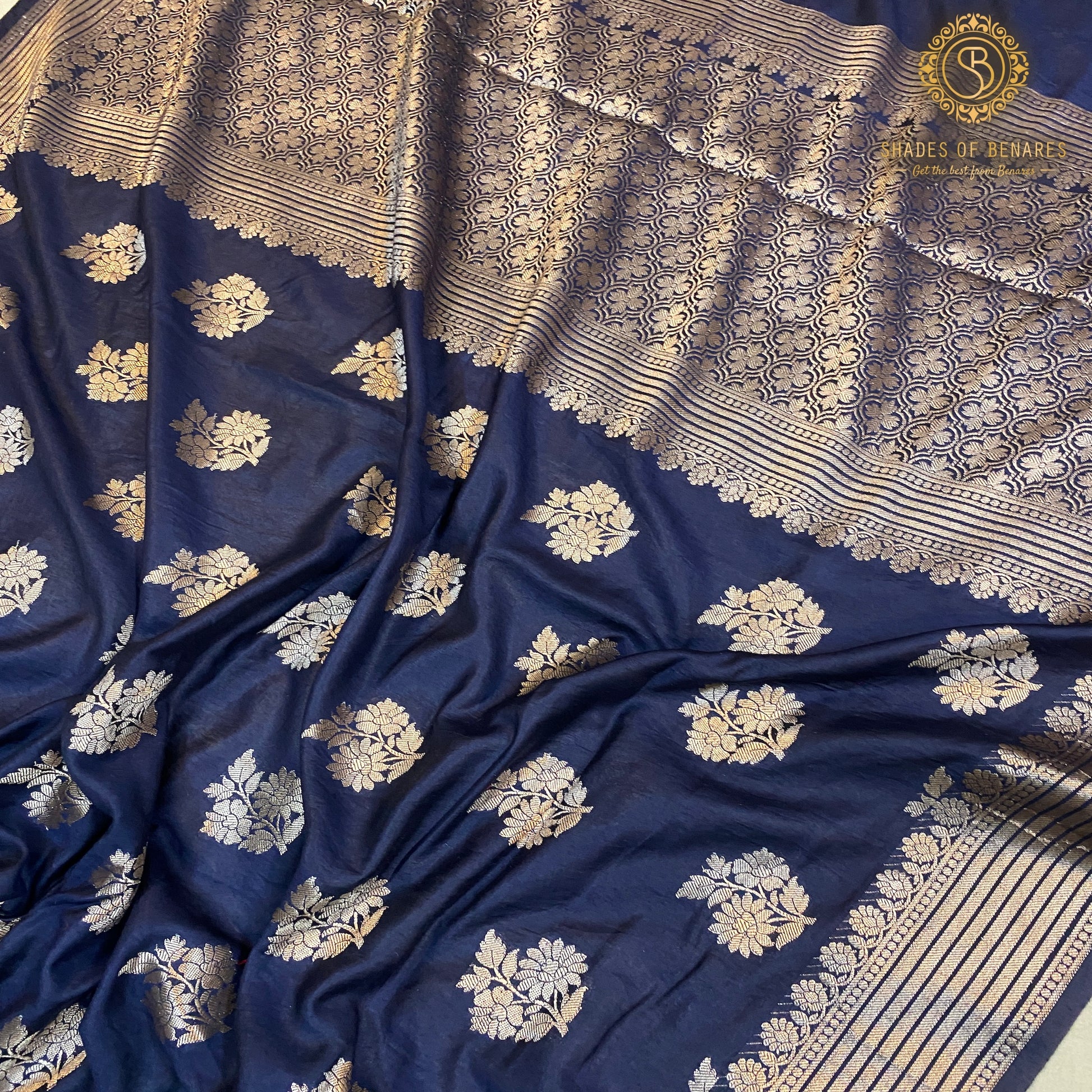 Luxurious Navy Blue Crepe Silk Handloom Banarasi Saree by Shades Of Benares - banarasi - banarasi saree shop