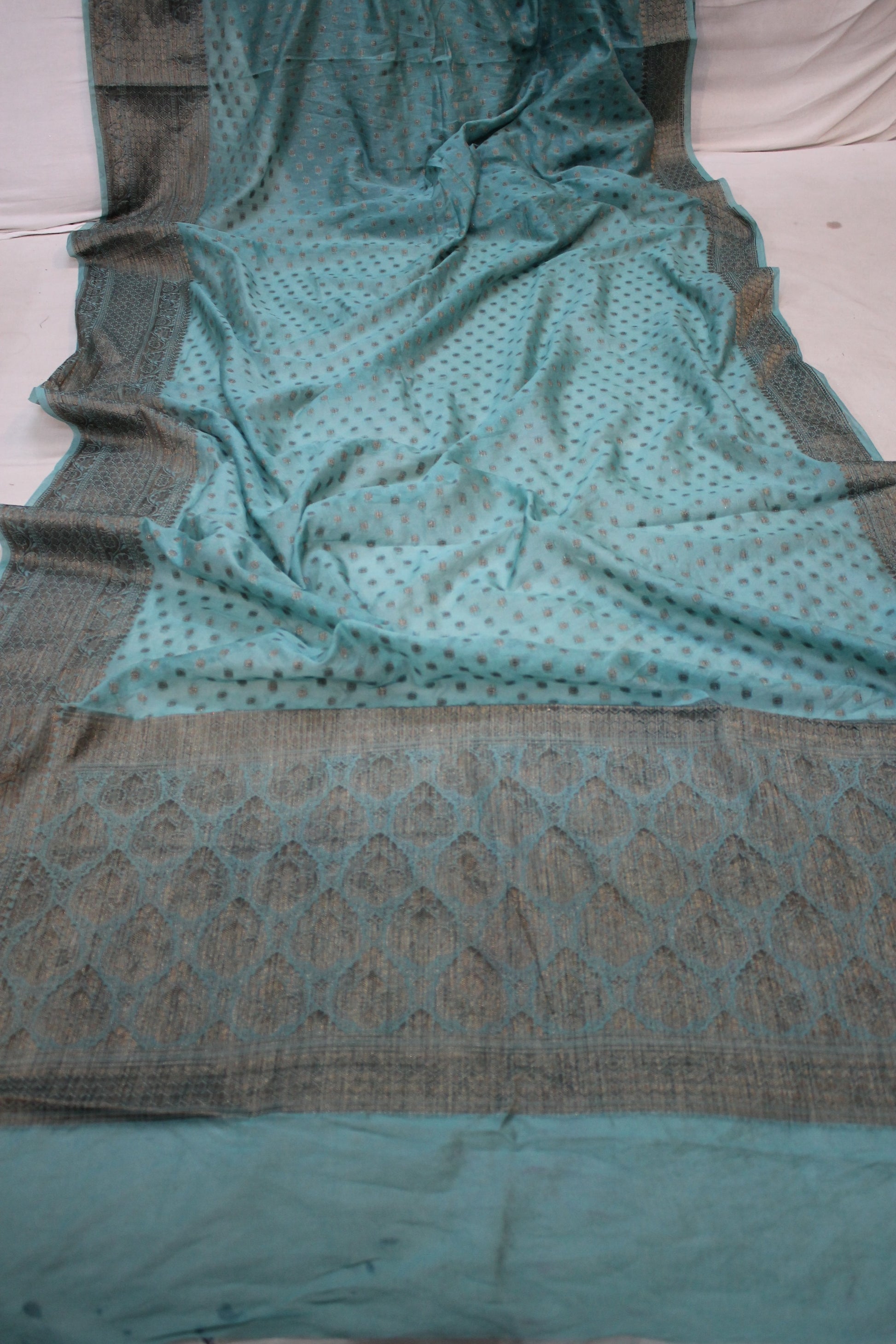 Oceanic Elegance: Sea Blue Buti Georgette Banarasi Sari by Shades Of Benares - banarasi - banarasi saree shop