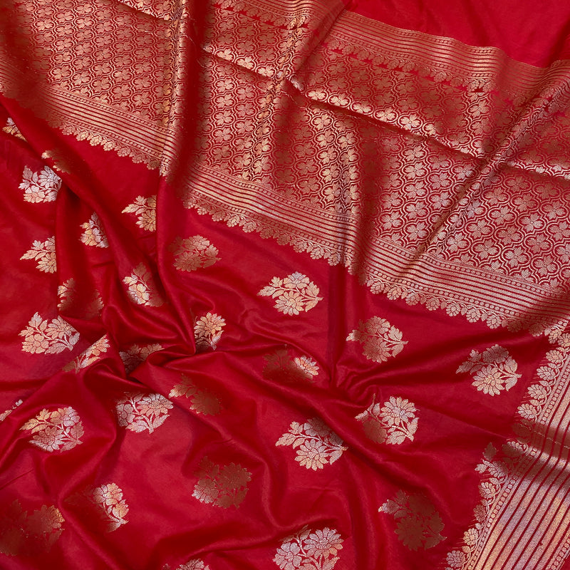Vibrant red crepe silk saree from Banaras.