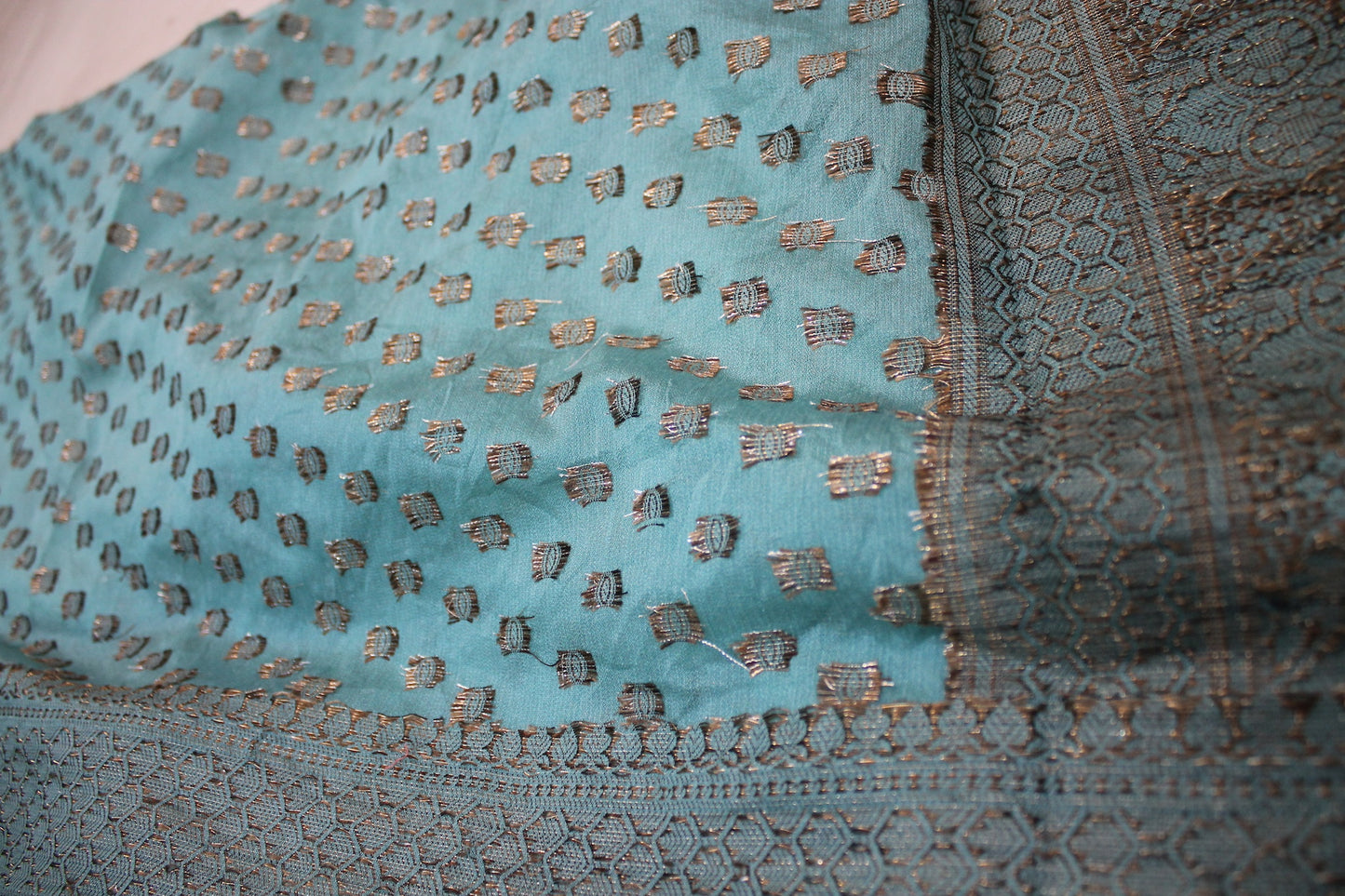 Oceanic Elegance: Sea Blue Buti Georgette Banarasi Sari by Shades Of Benares - banarasi - banarasi saree shop