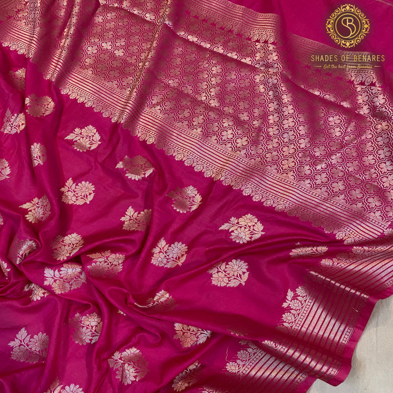 Elevate your bridal look with our elegant Raani pink silk handloom Banarasi saree. Embrace traditional craftsmanship and timeless elegance. Shop now!