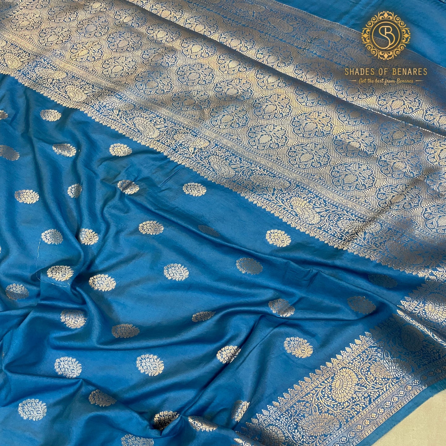 Timeless Classic Blue Handloom Crepe Banarasi Silk Sari by Shades Of Benares - banarasi - banarasi saree shop