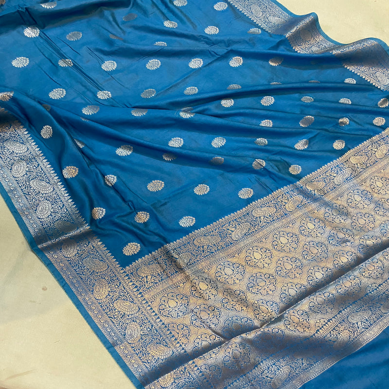 Classic blue handloom crepe Banarasi silk sari - perfect for formal events & cultural celebrations. Elevate your style now!