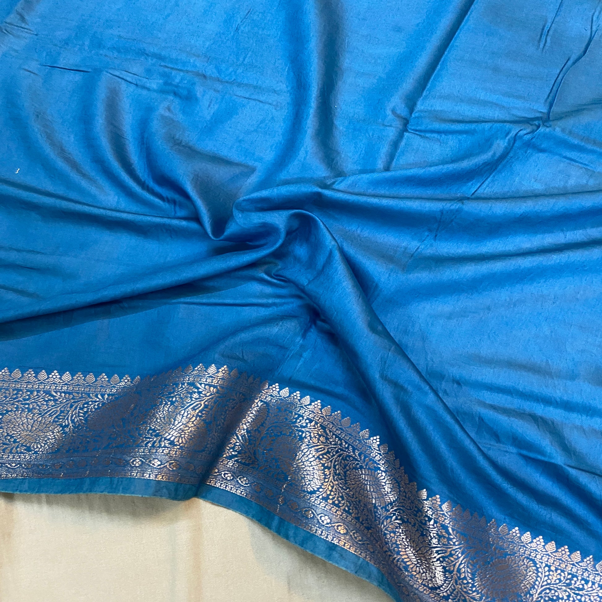 Timeless Classic Blue Handloom Crepe Banarasi Silk Sari by Shades Of Benares - banarasi - banarasi saree shop