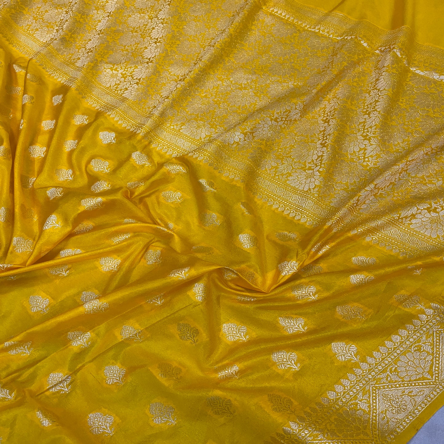 Festive Yellow Handloom Crepe Banarasi Silk Sari by Shades Of Benares - banarasi - banarasi saree shop