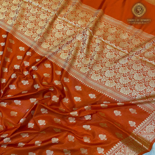 Rust Orange Handloom Crepe Banarasi Silk Sari by Shades Of Benares - banarasi - banarasi saree shop