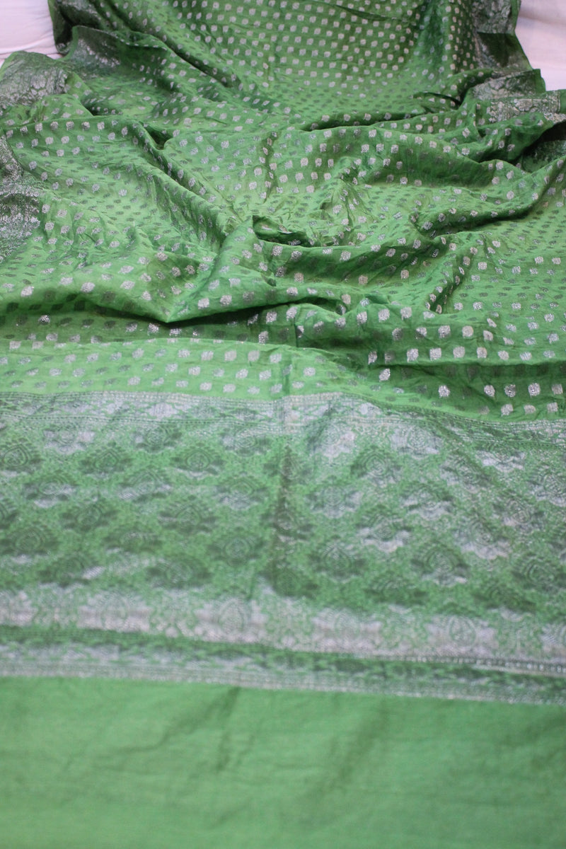 Emerald Elegance: Green Buti Georgette Banarasi Sari by Shades Of Benares - banarasi - banarasi saree shop