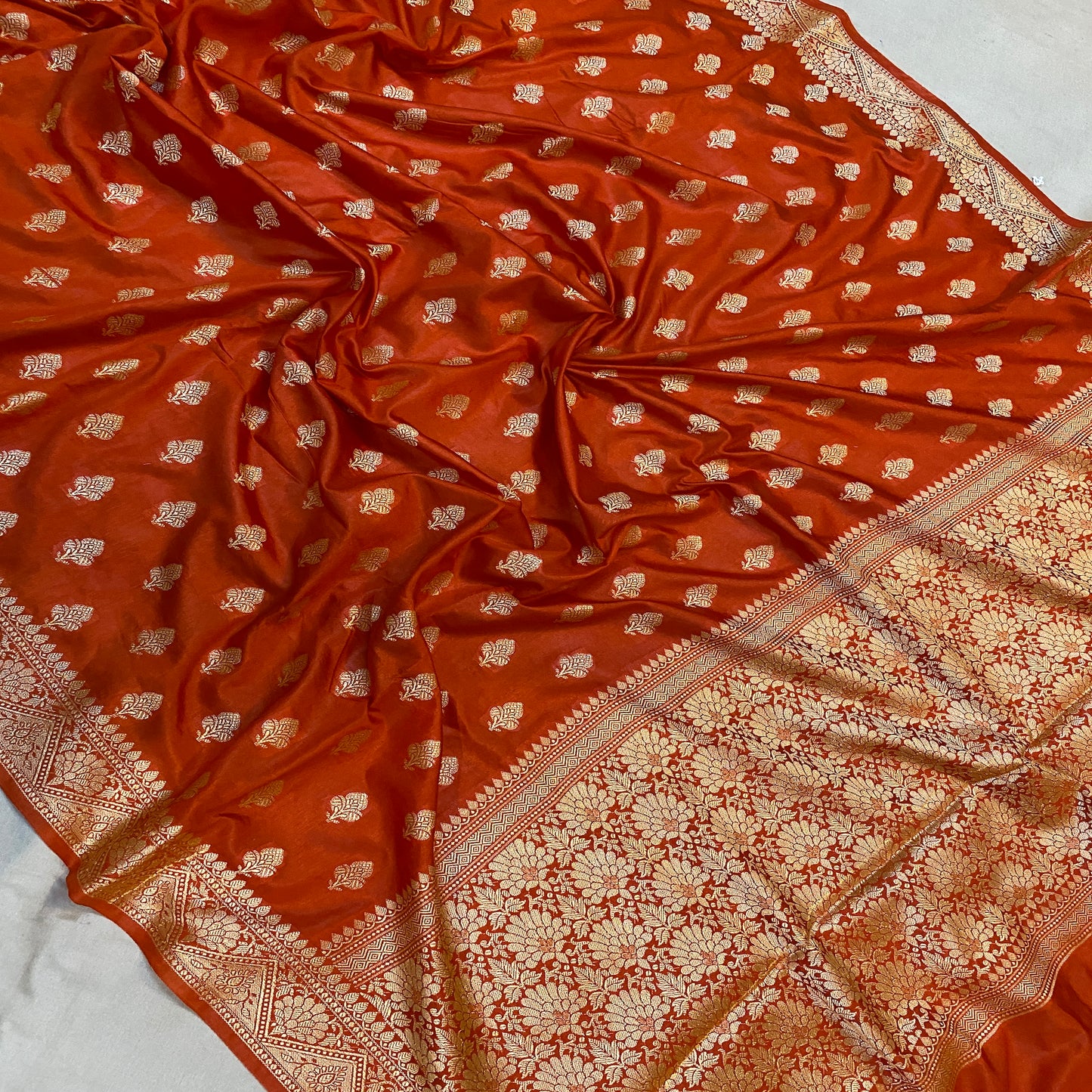 Rust Orange Handloom Crepe Banarasi Silk Sari by Shades Of Benares - banarasi - banarasi saree shop