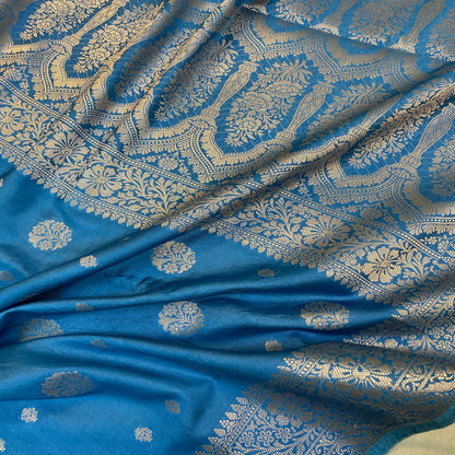 Matte Blue Handloom Crepe Banarasi Silk Saree by Shades Of Benares - banarasi - banarasi saree shop