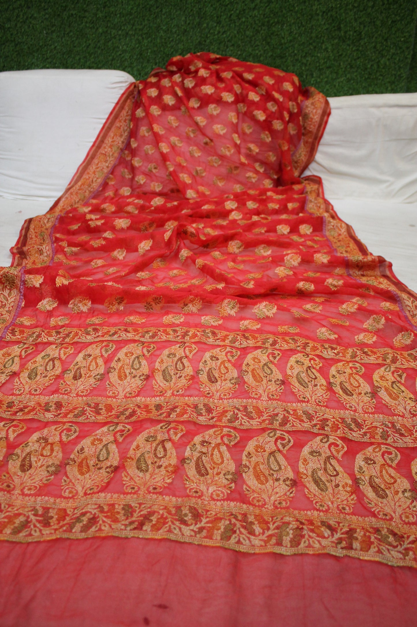 Scarlet Splendor: Red Tilfi Buti Handloom Georgette Banarasi Saree by Shades Of Benares - banarasi - banarasi saree shop