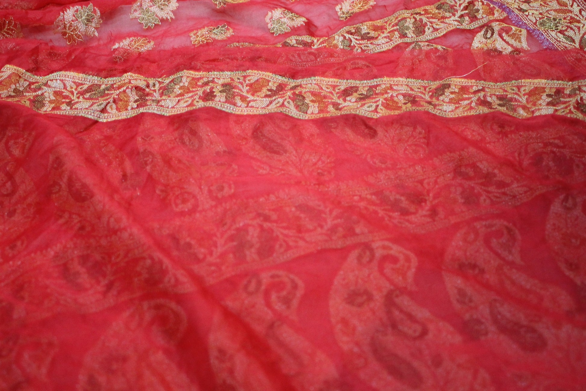 Scarlet Splendor: Red Tilfi Buti Handloom Georgette Banarasi Saree by Shades Of Benares - banarasi - banarasi saree shop