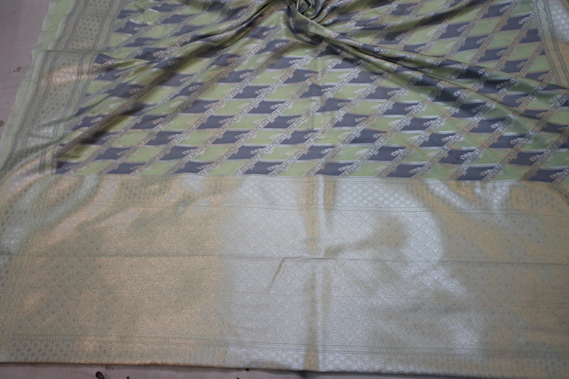 Serenity and Elegance: Green and Grey Handloom Pure Silk Banarasi Saree by Shades Of Benares - banarasi - banarasi saree shop