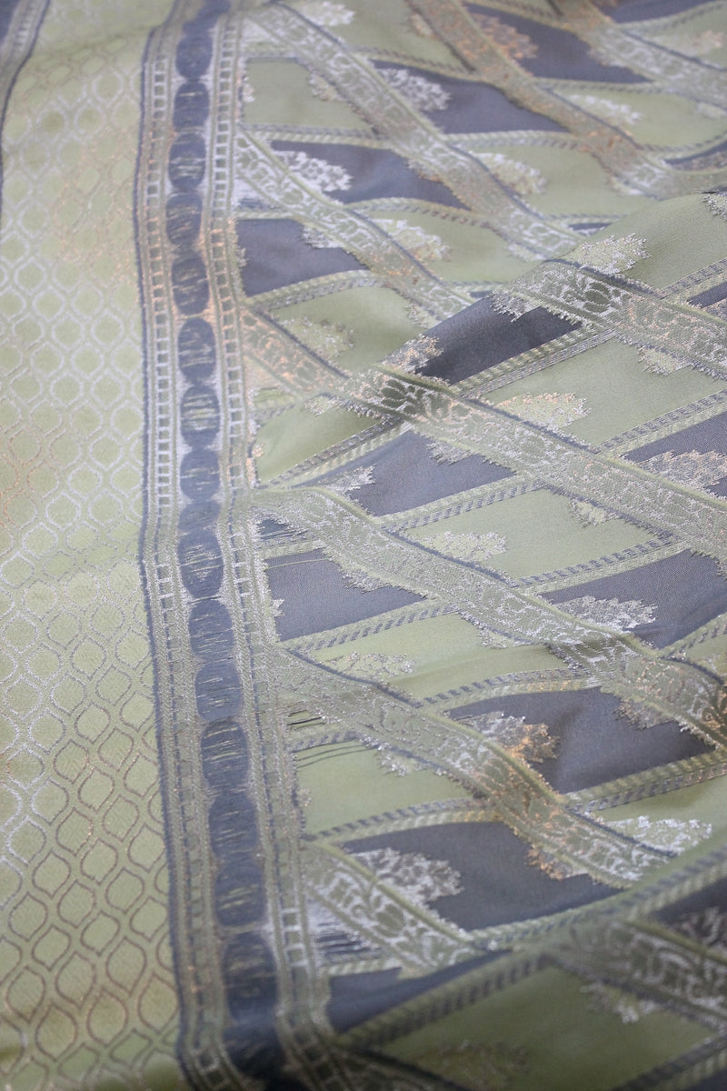 Serenity and Elegance: Green and Grey Handloom Pure Silk Banarasi Saree by Shades Of Benares - banarasi - banarasi saree shop