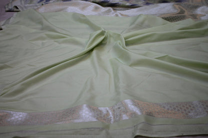 Serenity and Elegance: Green and Grey Handloom Pure Silk Banarasi Saree by Shades Of Benares - banarasi - banarasi saree shop