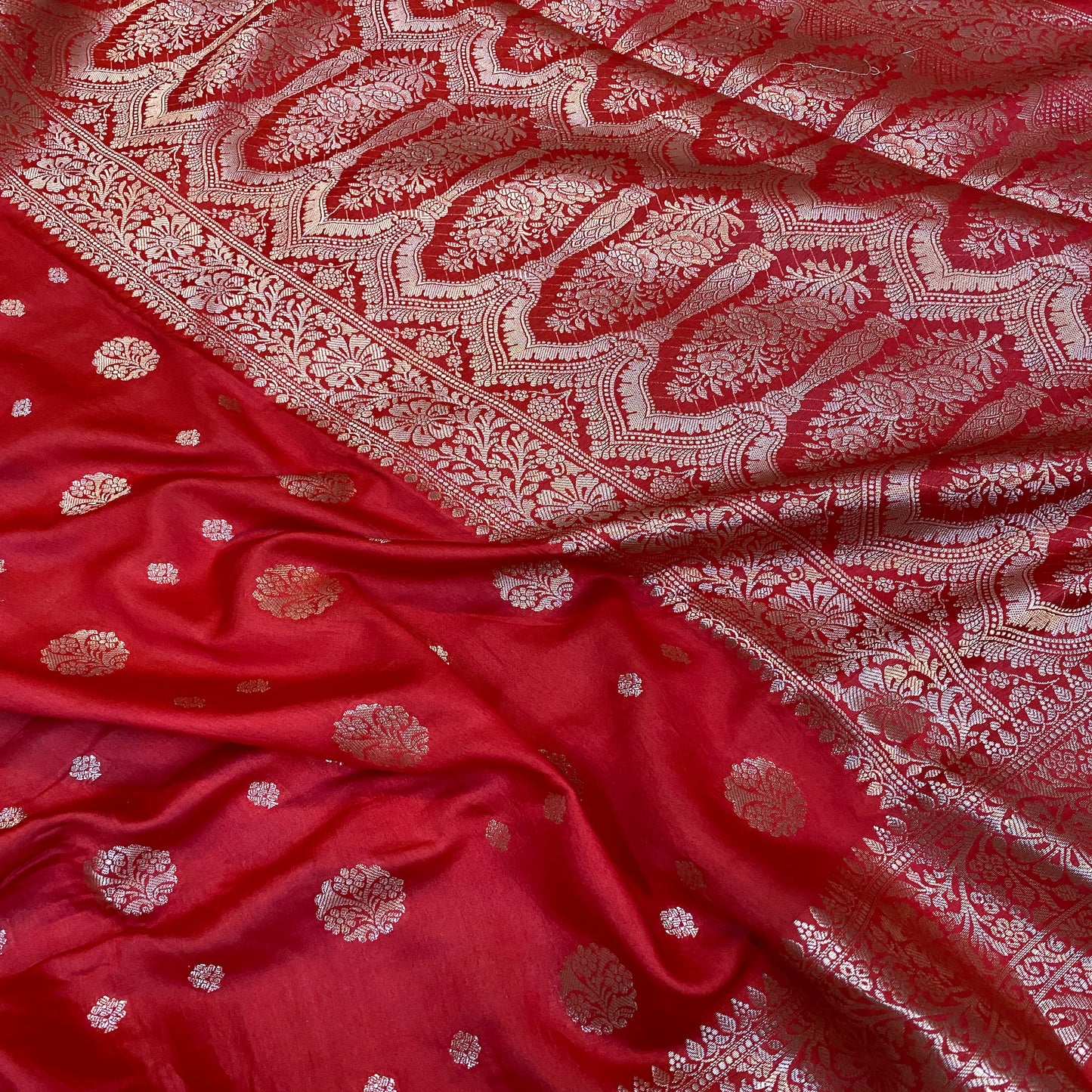 Radiant Red Handloom Crepe Banarasi Silk Sari by Shades Of Benares - banarasi - banarasi saree shop