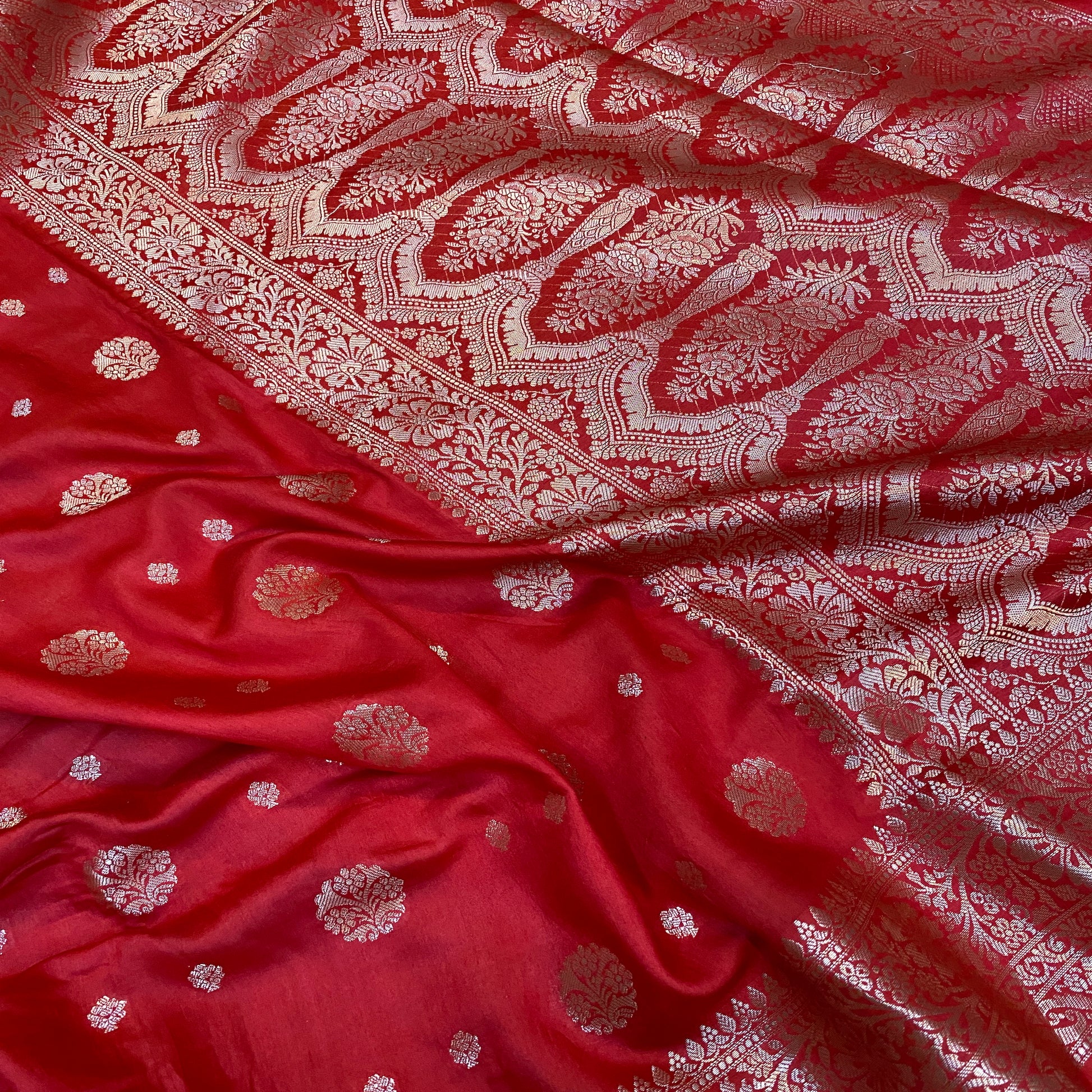 Radiant Red Handloom Crepe Banarasi Silk Sari by Shades Of Benares - banarasi - banarasi saree shop