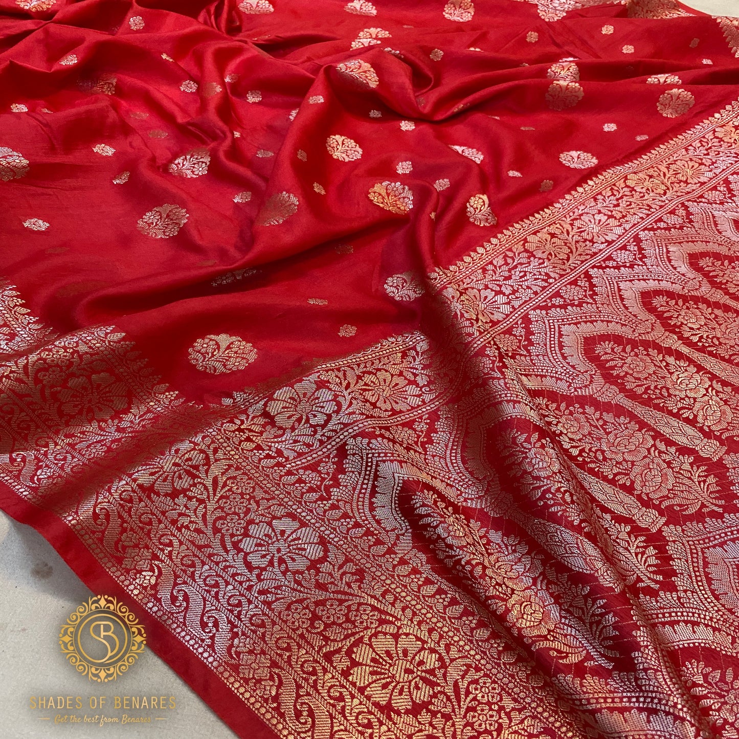 Radiant Red Handloom Crepe Banarasi Silk Sari by Shades Of Benares - banarasi - banarasi saree shop