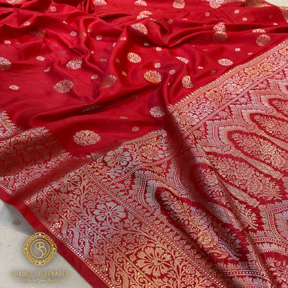 Radiant Red Handloom Crepe Banarasi Silk Sari by Shades Of Benares - banarasi - banarasi saree shop