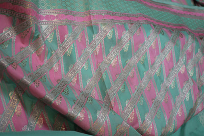 Harmonious Beauty: Pink and Green Handloom Pure Silk Banarasi Saree by Shades Of Benares - banarasi - banarasi saree shop