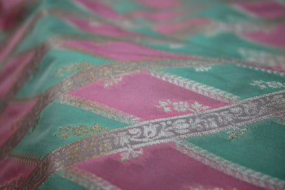 Harmonious Beauty: Pink and Green Handloom Pure Silk Banarasi Saree by Shades Of Benares - banarasi - banarasi saree shop