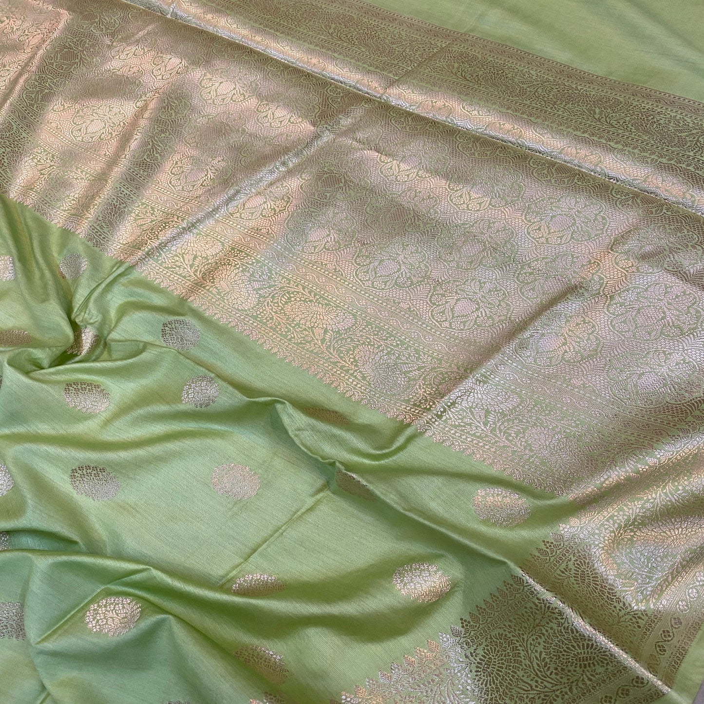 Pastel Green Handloom Crepe Banarasi Silk Sari by Shades Of Benares - banarasi - banarasi saree shop