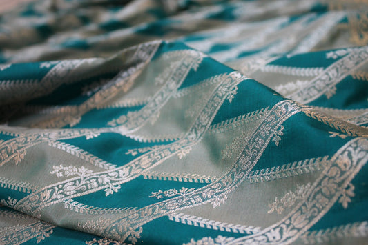 Azure Elegance: Blue Rangkaat Handloom Pure Silk Banarasi Saree by Shades Of Benares - banarasi - banarasi saree shop