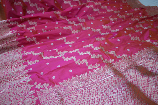 Kadhwa Rani Pink Handloom Pure Katan Silk Banarasi Saree with Stripes by Shades Of Benares - banarasi - banarasi saree shop