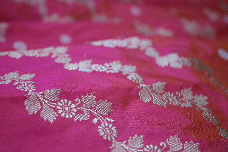 Kadhwa Rani Pink Handloom Pure Katan Silk Banarasi Saree with Stripes by Shades Of Benares - banarasi - banarasi saree shop