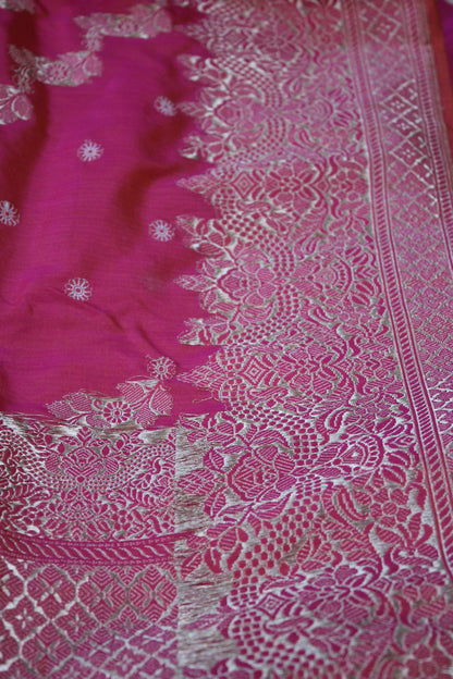 Kadhwa Rani Pink Handloom Pure Katan Silk Banarasi Saree with Stripes by Shades Of Benares - banarasi - banarasi saree shop