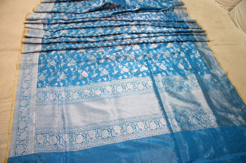 Luxurious Blue Handloom Pure Tissue Silk Saree by Shades Of Benares - banarasi - banarasi saree shop