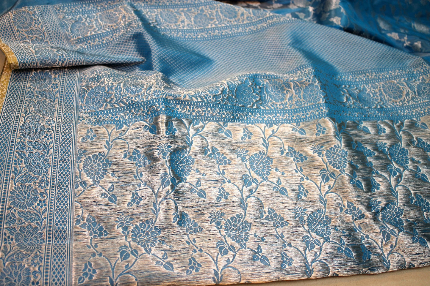 Luxurious Blue Handloom Pure Tissue Silk Saree by Shades Of Benares - banarasi - banarasi saree shop