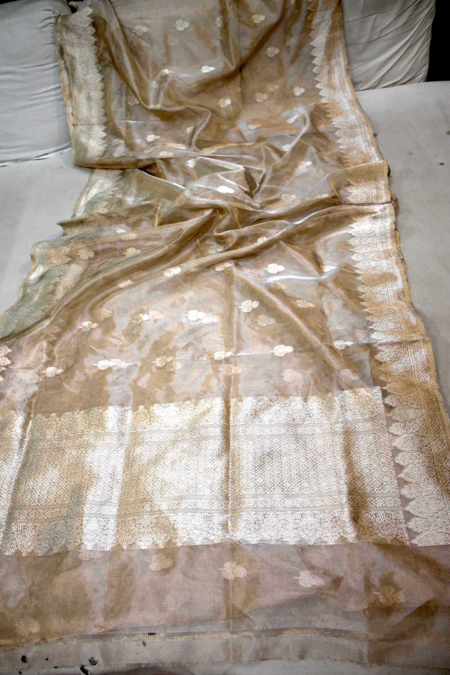 Radiant Raw Gold Handloom Pure Tissue Silk Banarasi Saree by Shades Of Benares - banarasi - banarasi saree shop