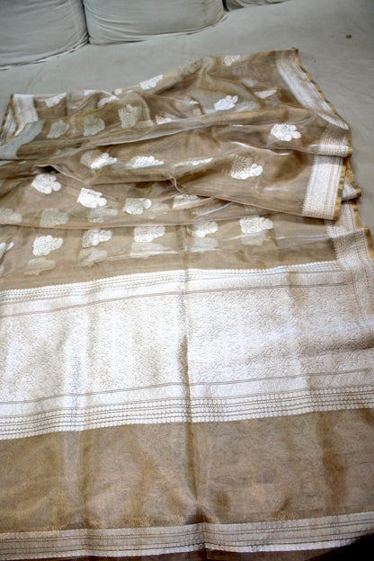 Elegant Gold Handloom Pure Tissue Silk Banarasi Saree by Shades Of Benares - banarasi - banarasi saree shop