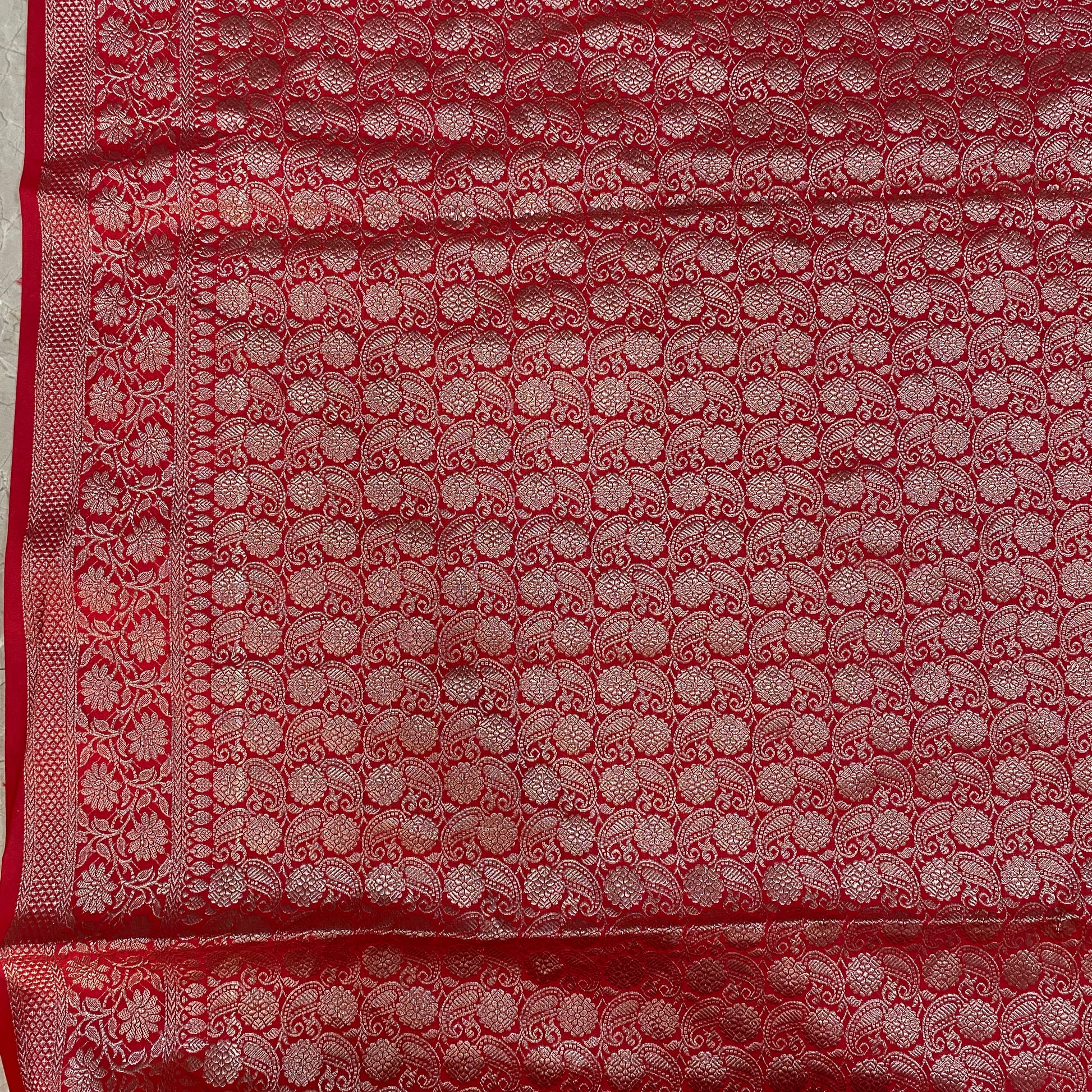 Captivating Banarasi: Red Pure Cotton Silk Saree with Silver Zari by Shades Of Banaras - banarasi - banarasi saree shop - banarasi saree manufacturers - banarasi saree wholesale - banaraasi sarees