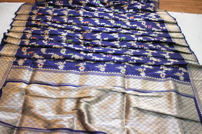 Blue Kadhwa Tilfi Jaal Handloom Pure Katan Silk Banarasi Saree by Shades Of Benares - banarasi - banarasi saree shop