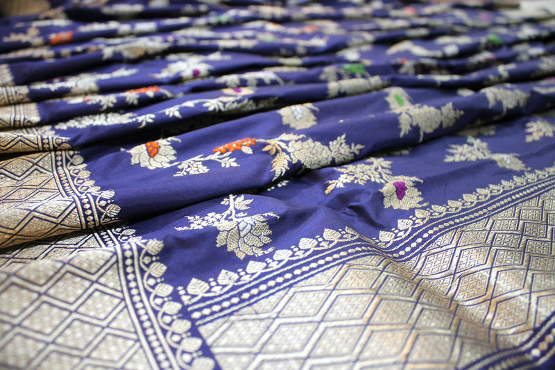 Blue Kadhwa Tilfi Jaal Handloom Pure Katan Silk Banarasi Saree by Shades Of Benares - banarasi - banarasi saree shop