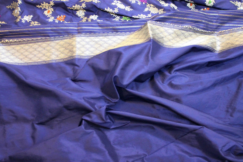 Blue Kadhwa Tilfi Jaal Handloom Pure Katan Silk Banarasi Saree by Shades Of Benares - banarasi - banarasi saree shop