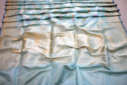 Pastel Blue Kadhwa Tilfi Jaal Handloom Pure Katan Silk Banarasi Saree by Shades Of Benares - banarasi - banarasi saree shop