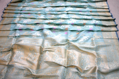 Pastel Blue Kadhwa Tilfi Jaal Handloom Pure Katan Silk Banarasi Saree by Shades Of Benares - banarasi - banarasi saree shop