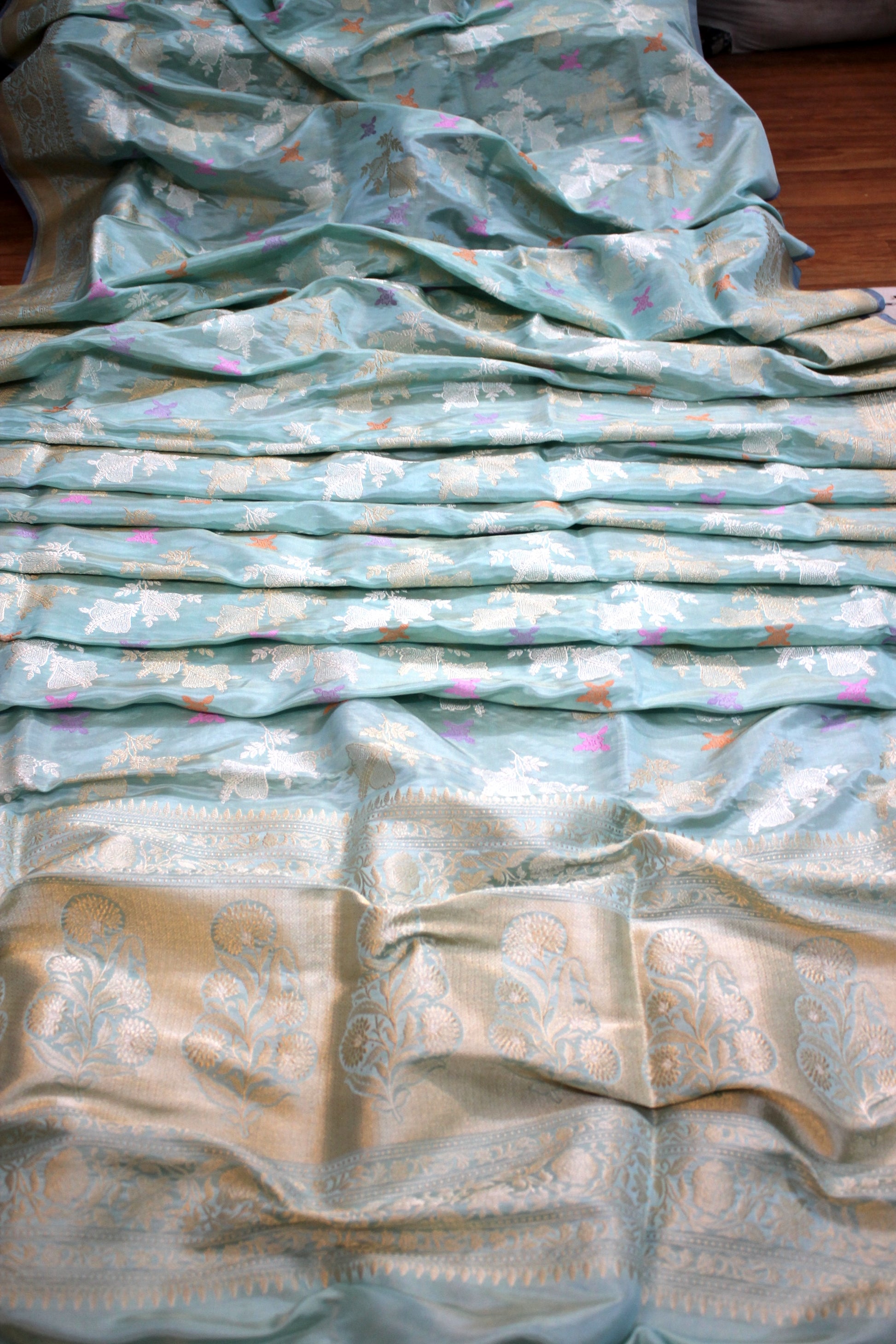 Pastel Blue Kadhwa Tilfi Jaal Handloom Pure Katan Silk Banarasi Saree by Shades Of Benares - banarasi - banarasi saree shop