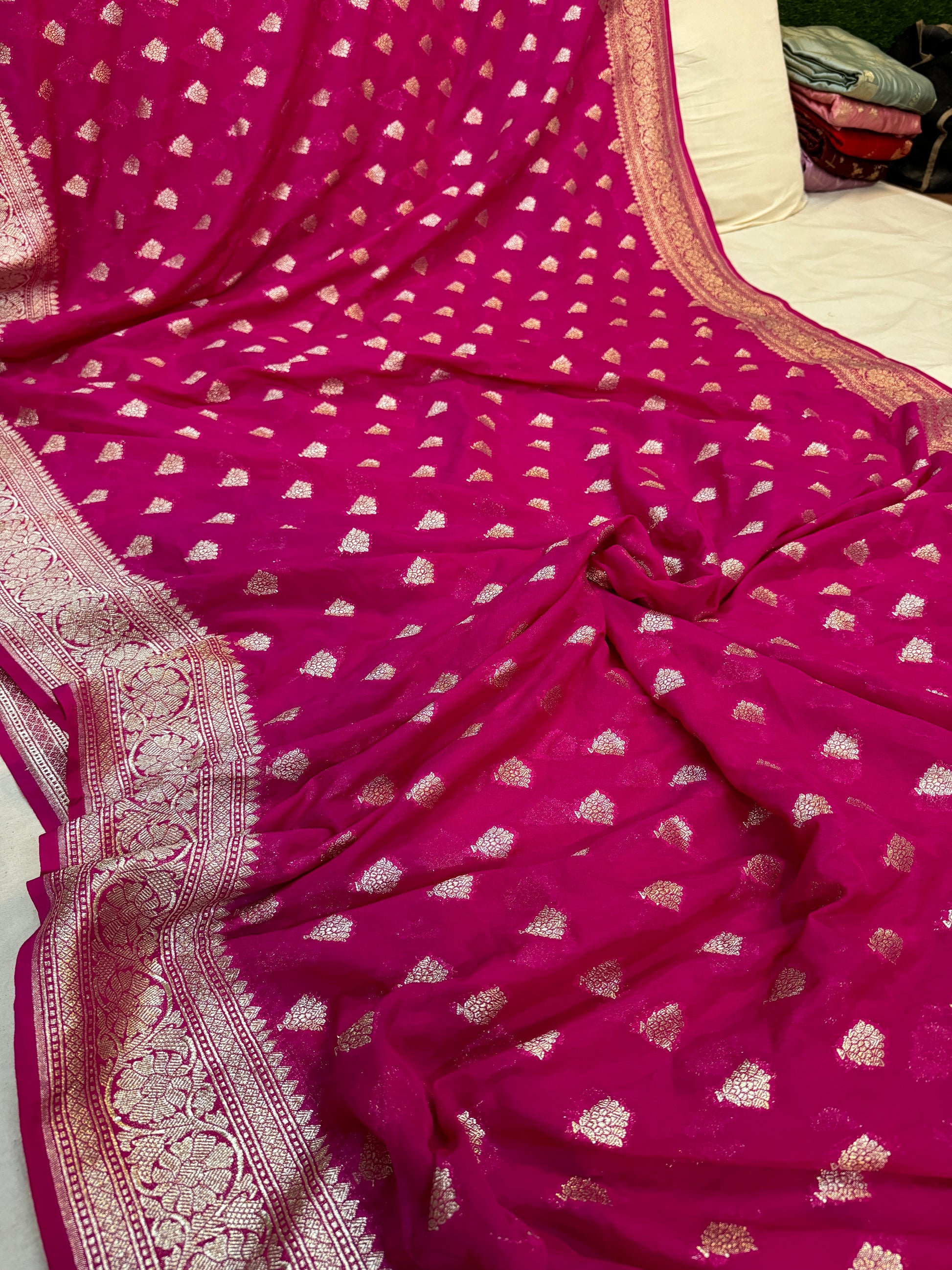 Vibrant Elegance: The Raani Pink Pure Chiffon Georgette Banarasi Saree by Shades Of Benares - banarasi - banarasi saree shop