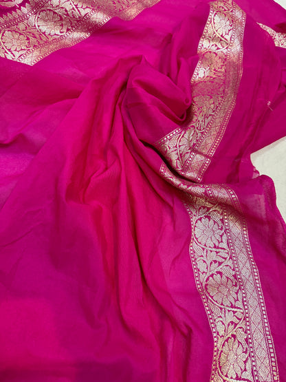 Vibrant Elegance: The Raani Pink Pure Chiffon Georgette Banarasi Saree by Shades Of Benares - banarasi - banarasi saree shop