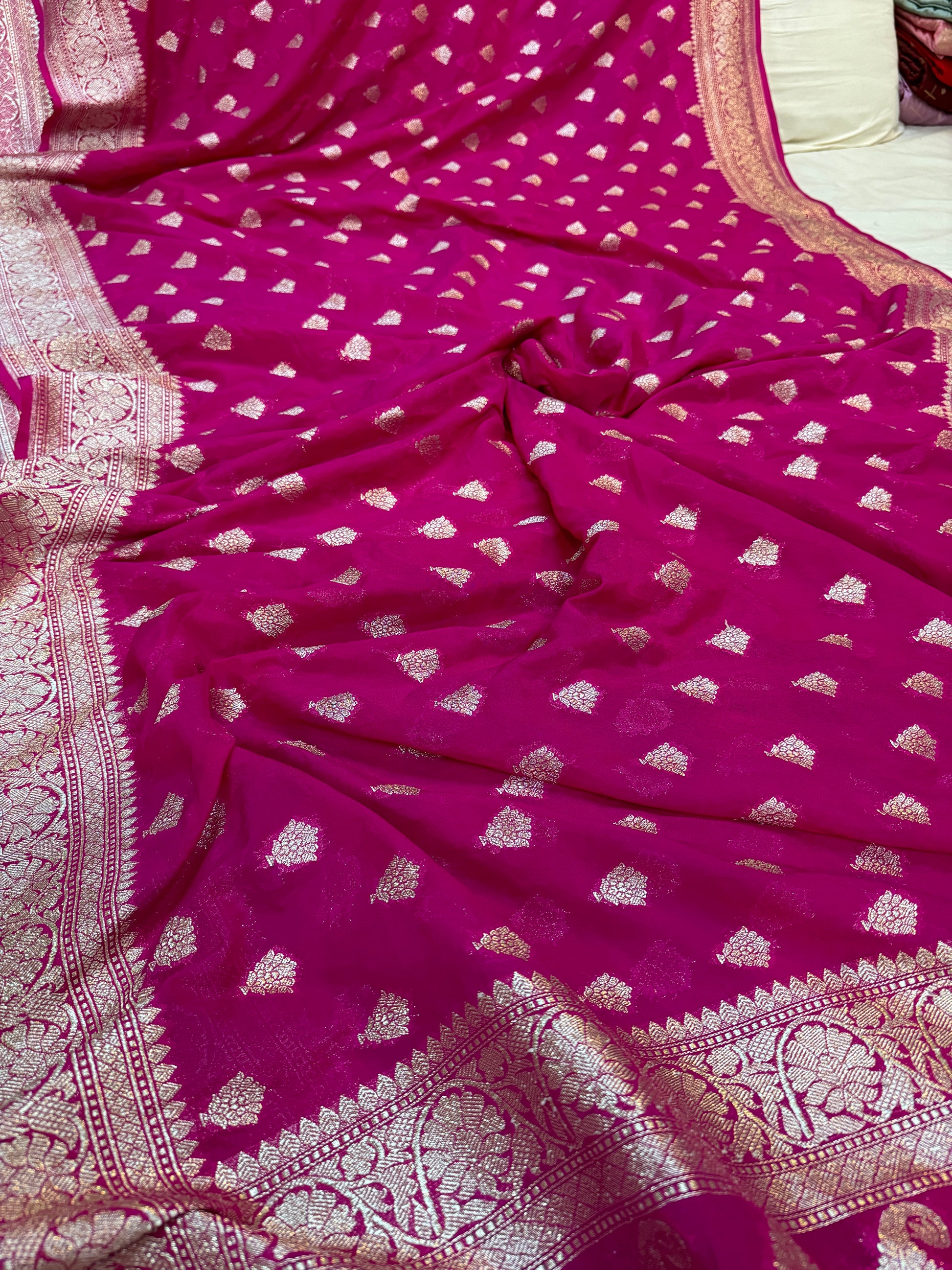 Vibrant Elegance: The Raani Pink Pure Chiffon Georgette Banarasi Saree by Shades Of Benares - banarasi - banarasi saree shop