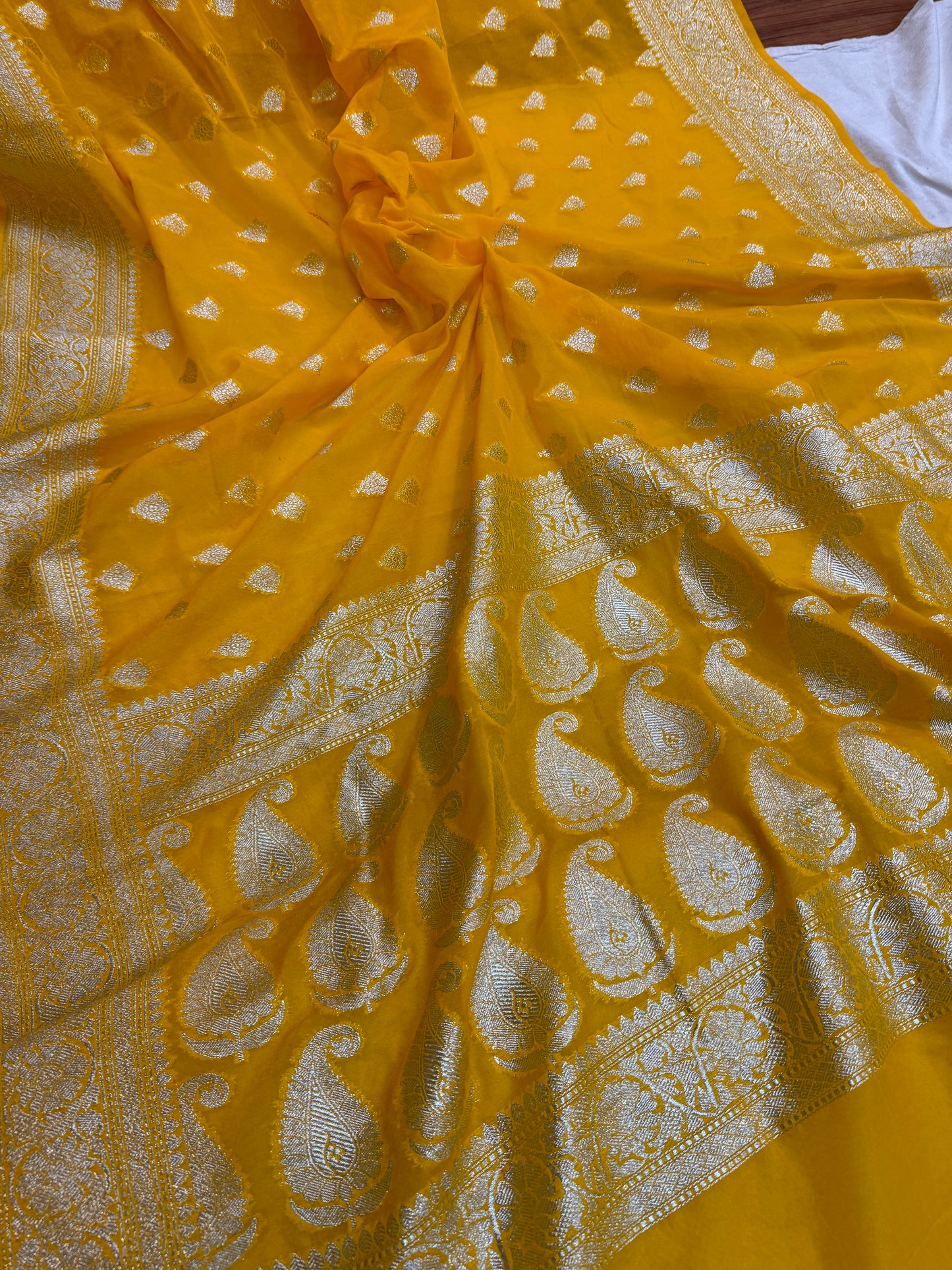 Radiant Charm: The Yellow Chiffon Georgette Banarasi Saree by Shades Of Benares - banarasi - banarasi saree shop