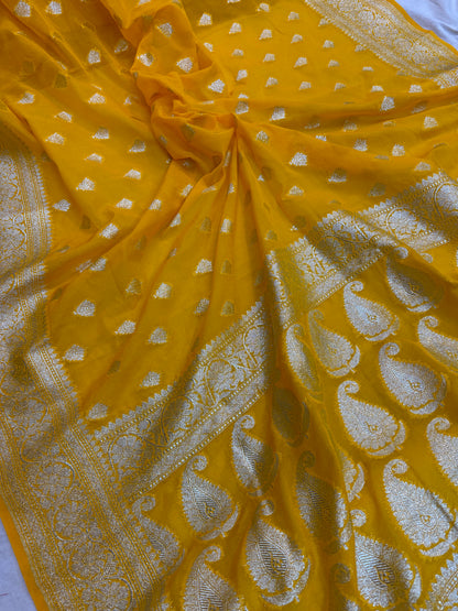 Radiant Charm: The Yellow Chiffon Georgette Banarasi Saree by Shades Of Benares - banarasi - banarasi saree shop