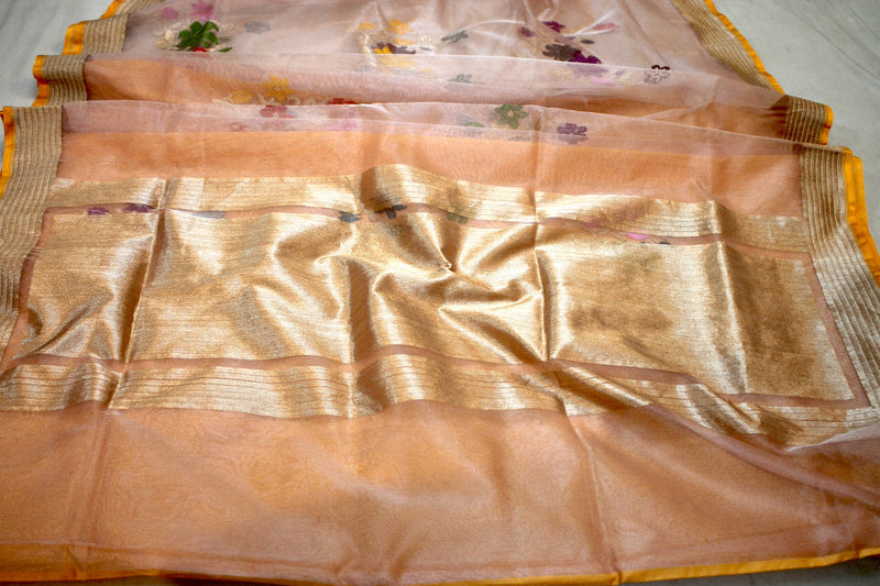 Peach Tilfi Buta Kadhwa Pure Kora Silk Handloom Banarasi Saree by Shades Of Benares - banarasi - banarasi saree shop