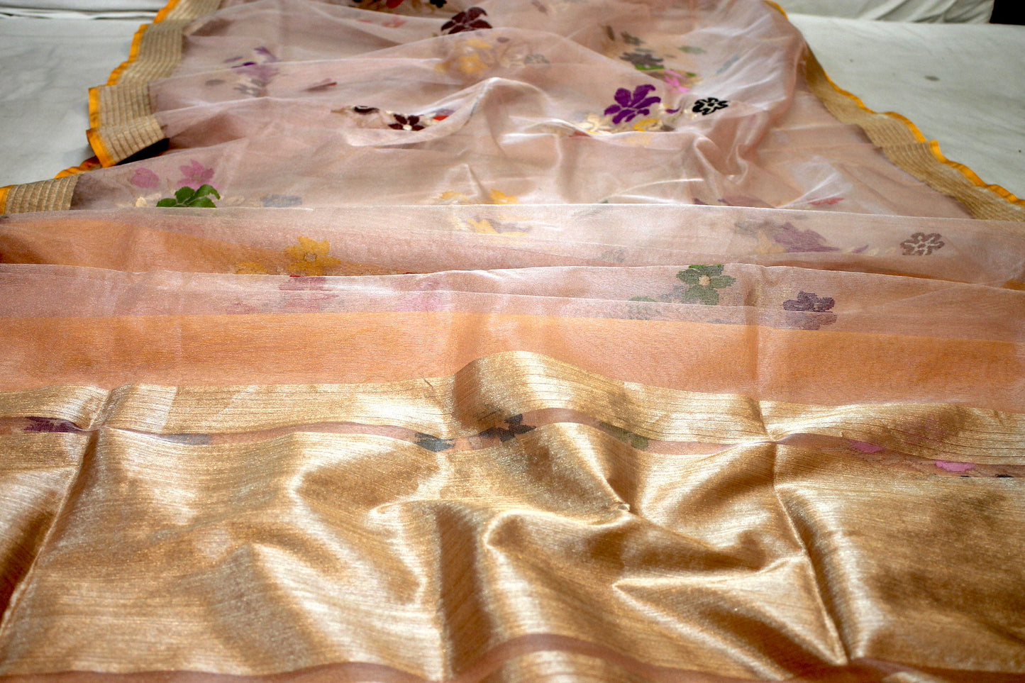 Peach Tilfi Buta Kadhwa Pure Kora Silk Handloom Banarasi Saree by Shades Of Benares - banarasi - banarasi saree shop