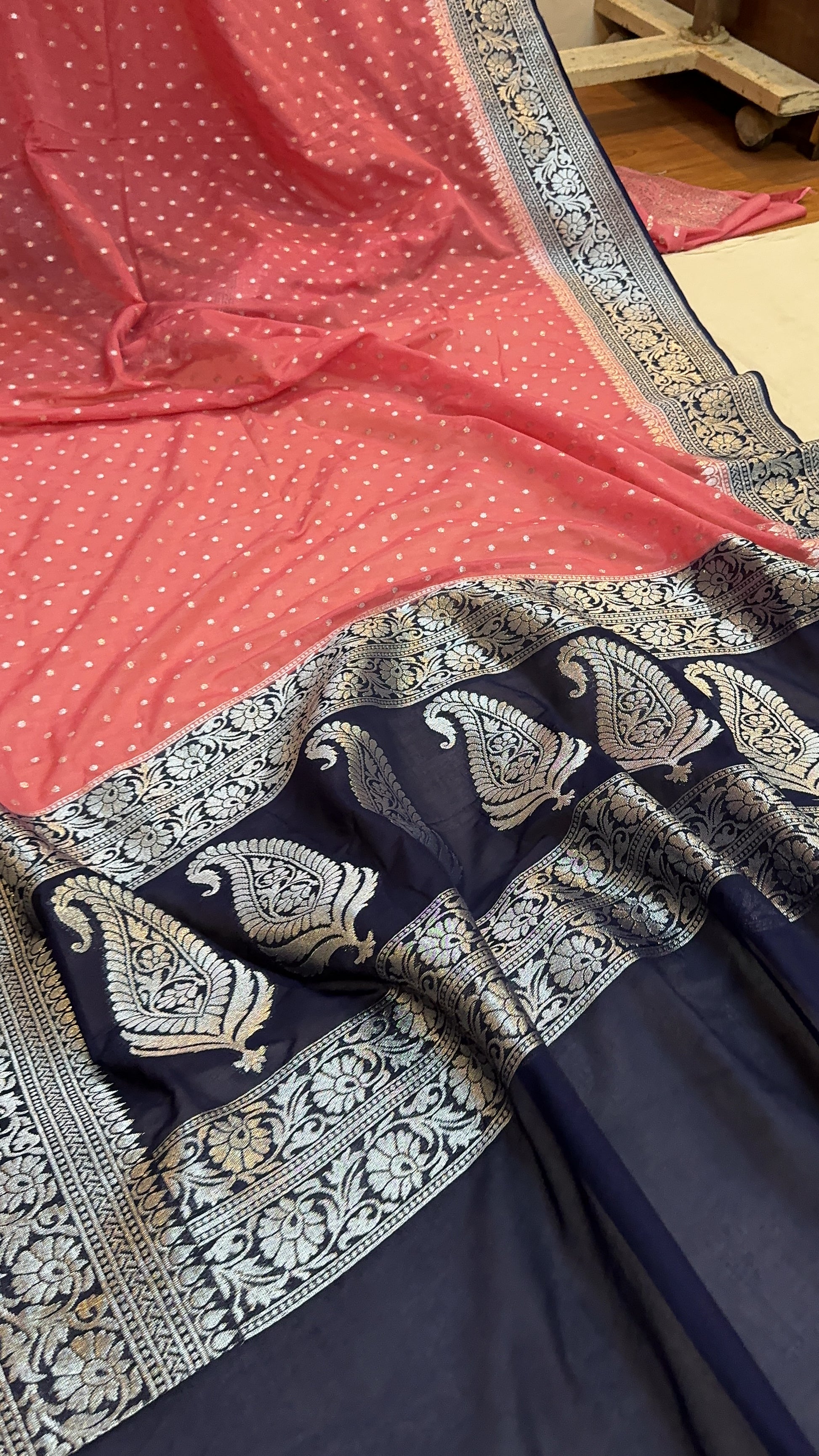 Dual Delight: The Peach & Navy Blue Chiffon Georgette Banarasi Saree by Shades Of Benares - banarasi - banarasi saree shop