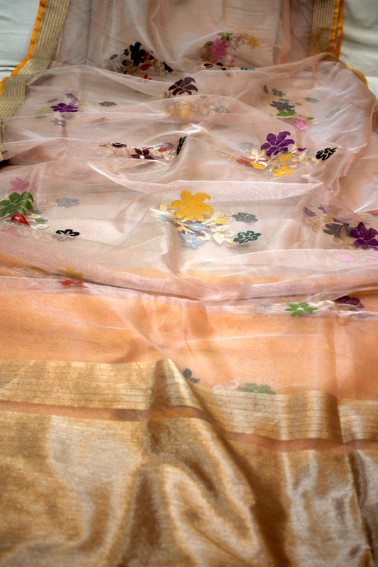 Peach Tilfi Buta Kadhwa Pure Kora Silk Handloom Banarasi Saree by Shades Of Benares - banarasi - banarasi saree shop