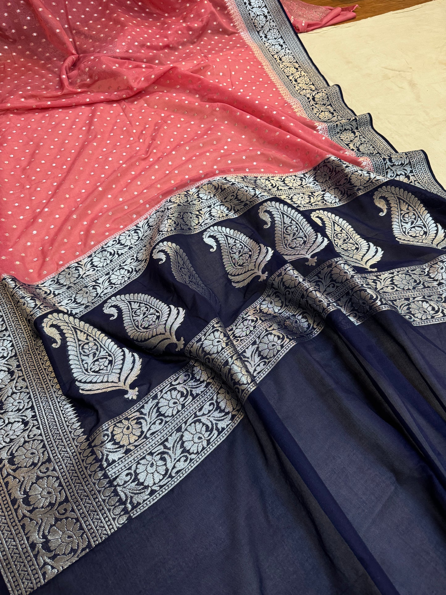 Dual Delight: The Peach & Navy Blue Chiffon Georgette Banarasi Saree by Shades Of Benares - banarasi - banarasi saree shop